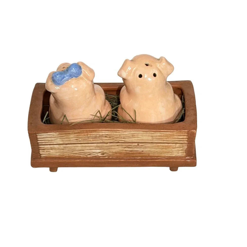 Vintage Pig Salt and Pepper Shakers Pink Trough Farmhouse Decor